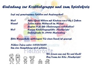 Kneipp Kindertagesstätte „Flachsröste“ lädt zur monatlichen Krabbelgruppe und zum Spielekreis ein! Immer am 1. Mittwoch!